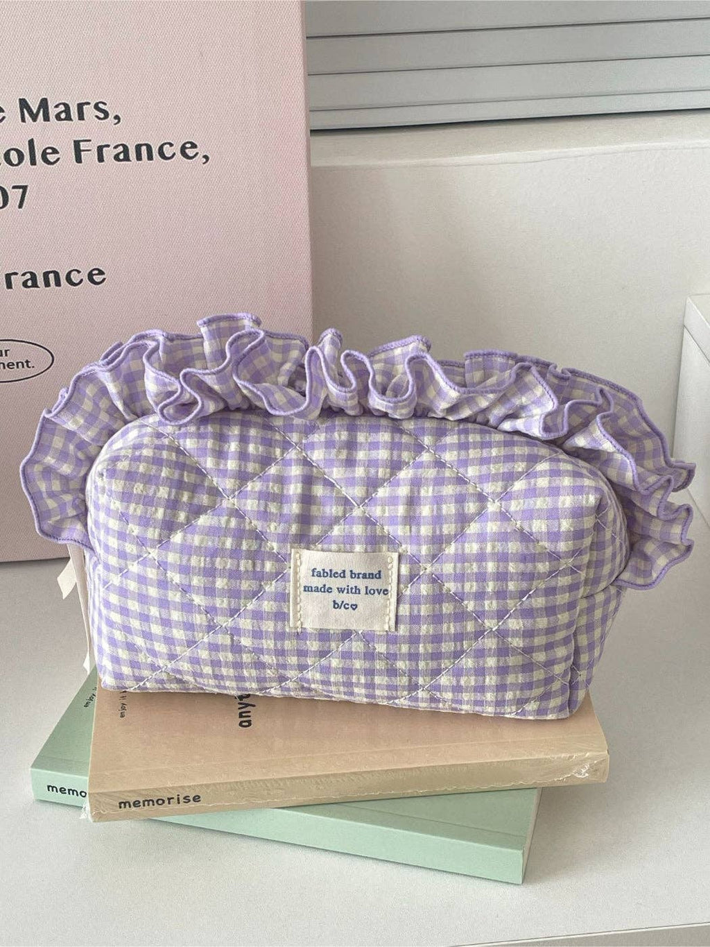 Cosbai - Ruffle Trim Gingham Makeup Bag: Red