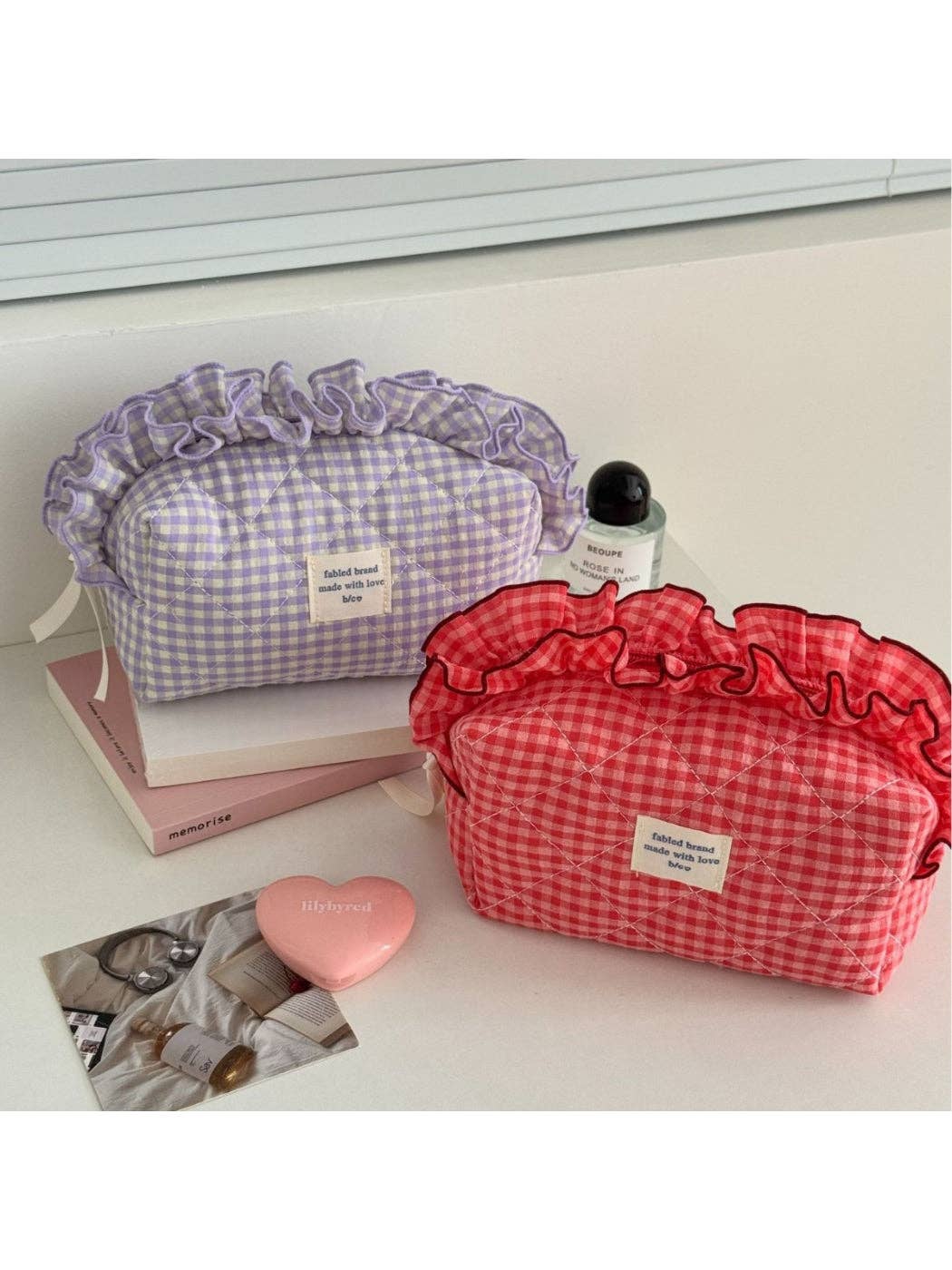 Cosbai - Ruffle Trim Gingham Makeup Bag: Red