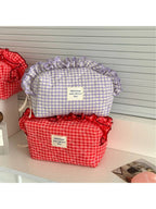 Cosbai - Ruffle Trim Gingham Makeup Bag: Red
