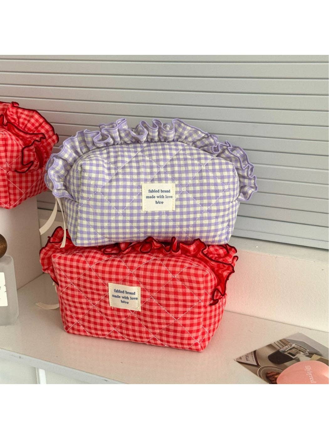 Cosbai - Ruffle Trim Gingham Makeup Bag: Red