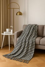 Black-White Houndstooth Fringed Throw Blanket