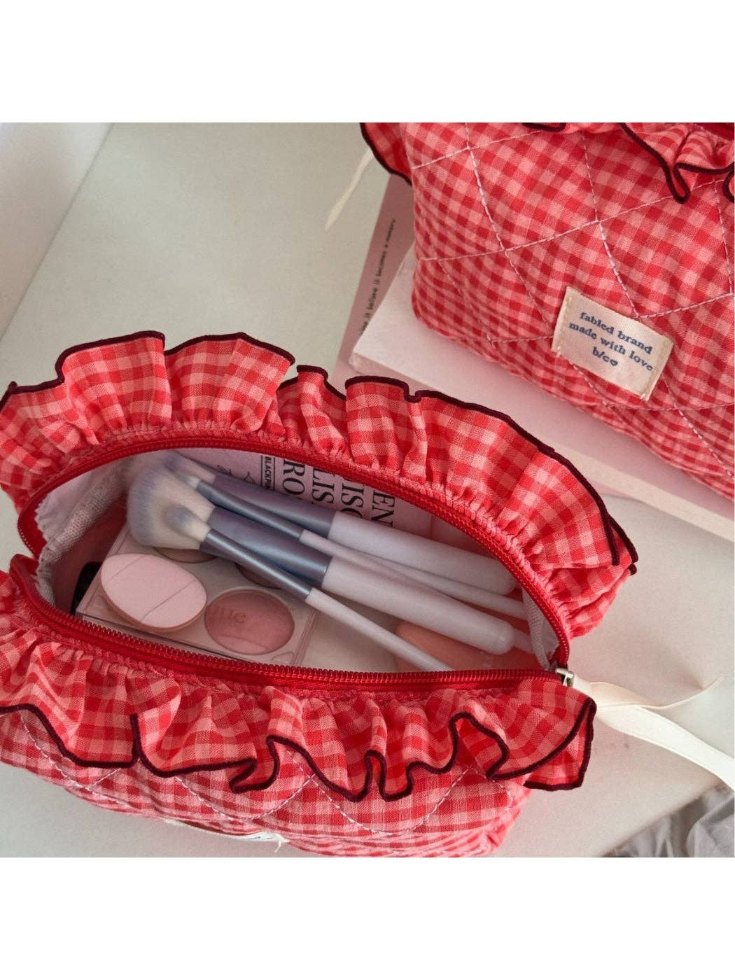 Cosbai - Ruffle Trim Gingham Makeup Bag: Red