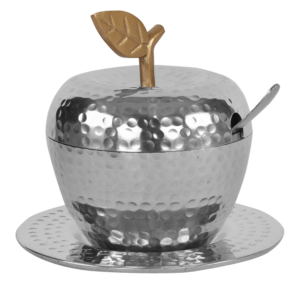 Honey Dish Apple Shape Stainless Steel Hammered Gold Leaf With Tray & Spoon