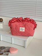 Cosbai - Ruffle Trim Gingham Makeup Bag: Red