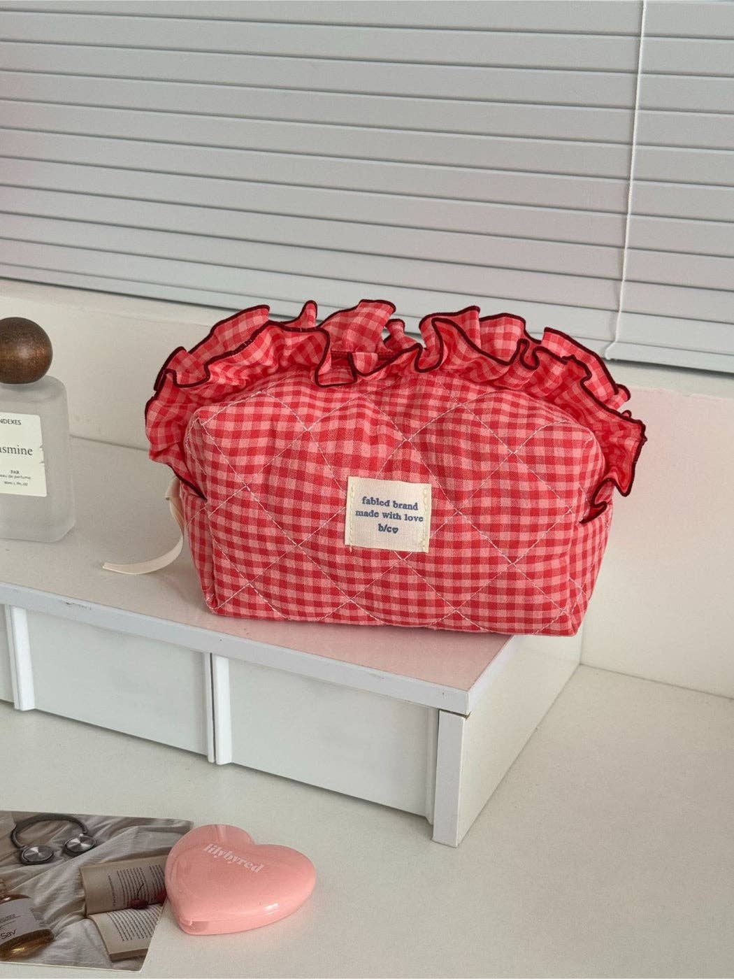 Cosbai - Ruffle Trim Gingham Makeup Bag: Red