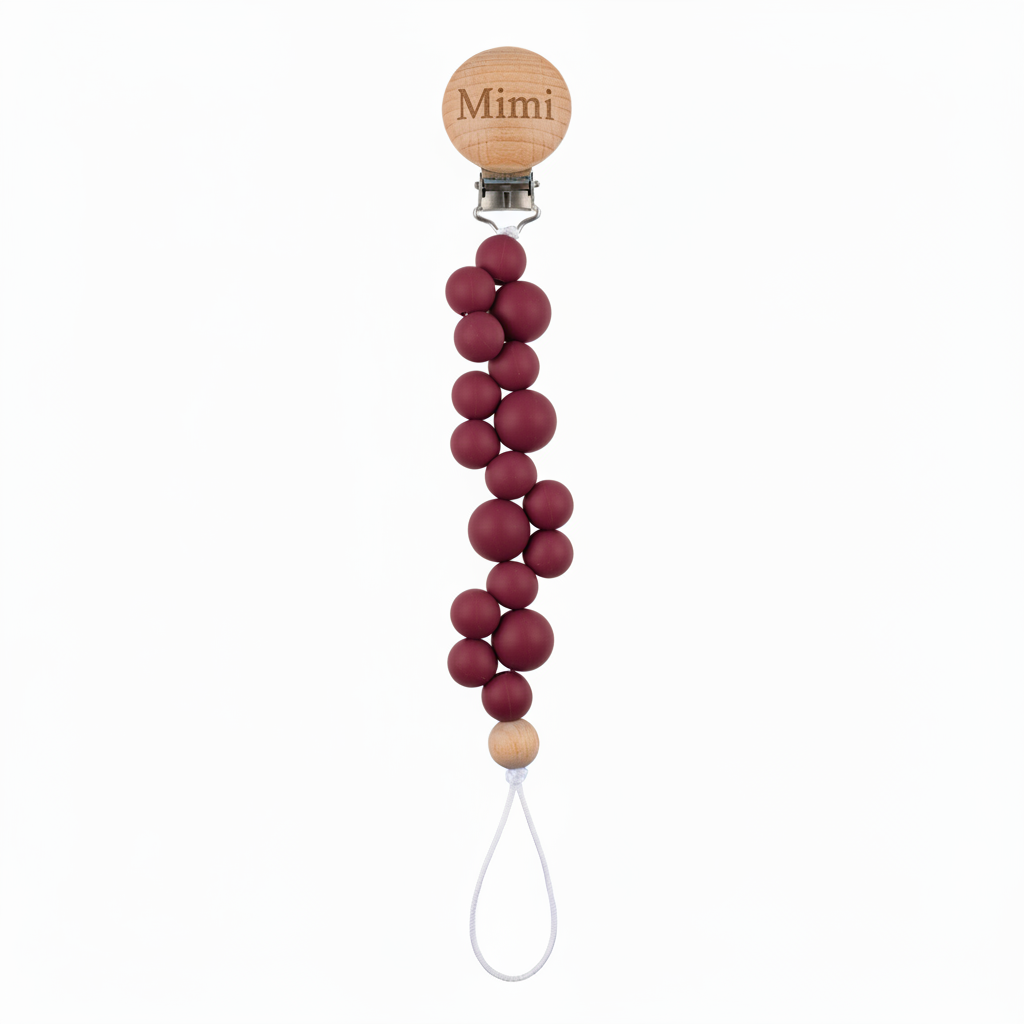 Dark Pink Burgundy Pacifier Clip - Mimi Engraved
