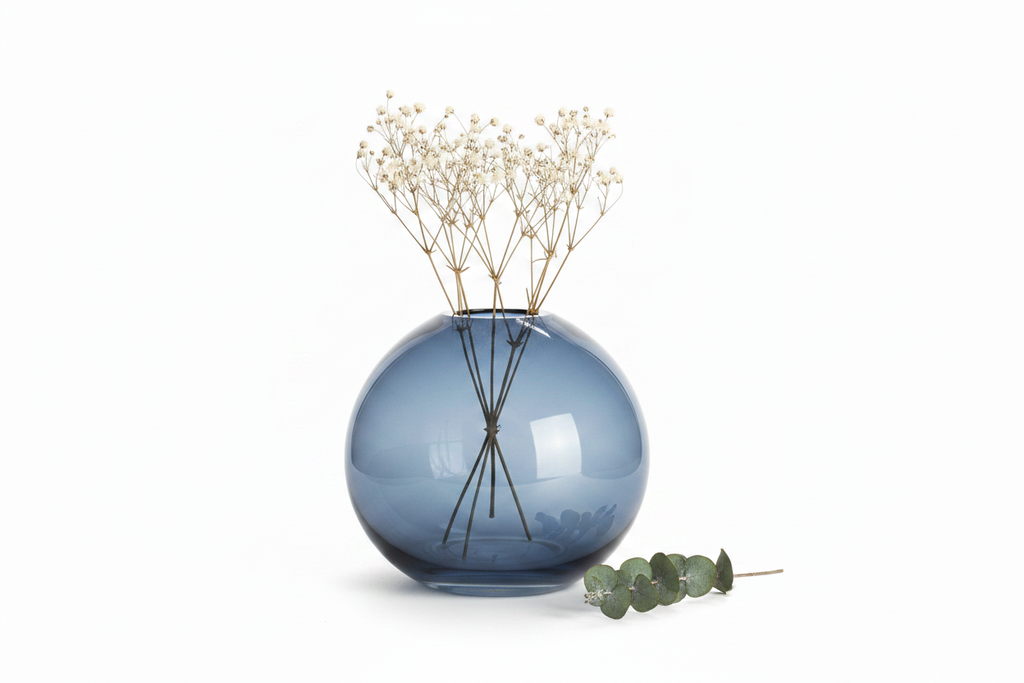 Flat Blue Glass Vase with Flowers