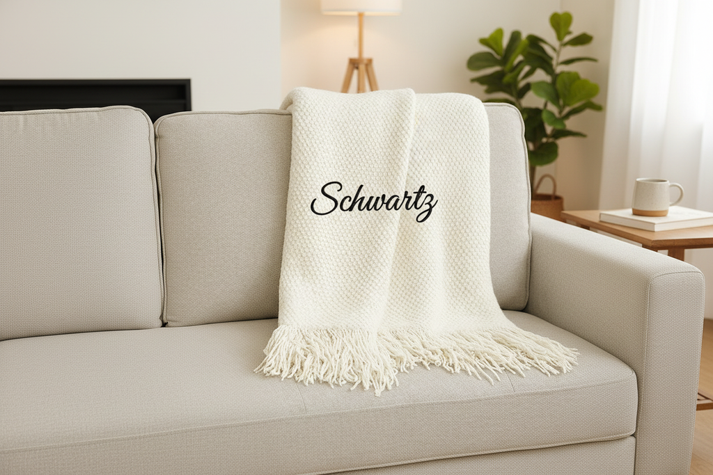 Schwartz Embroidered Throw Blanket on Couch