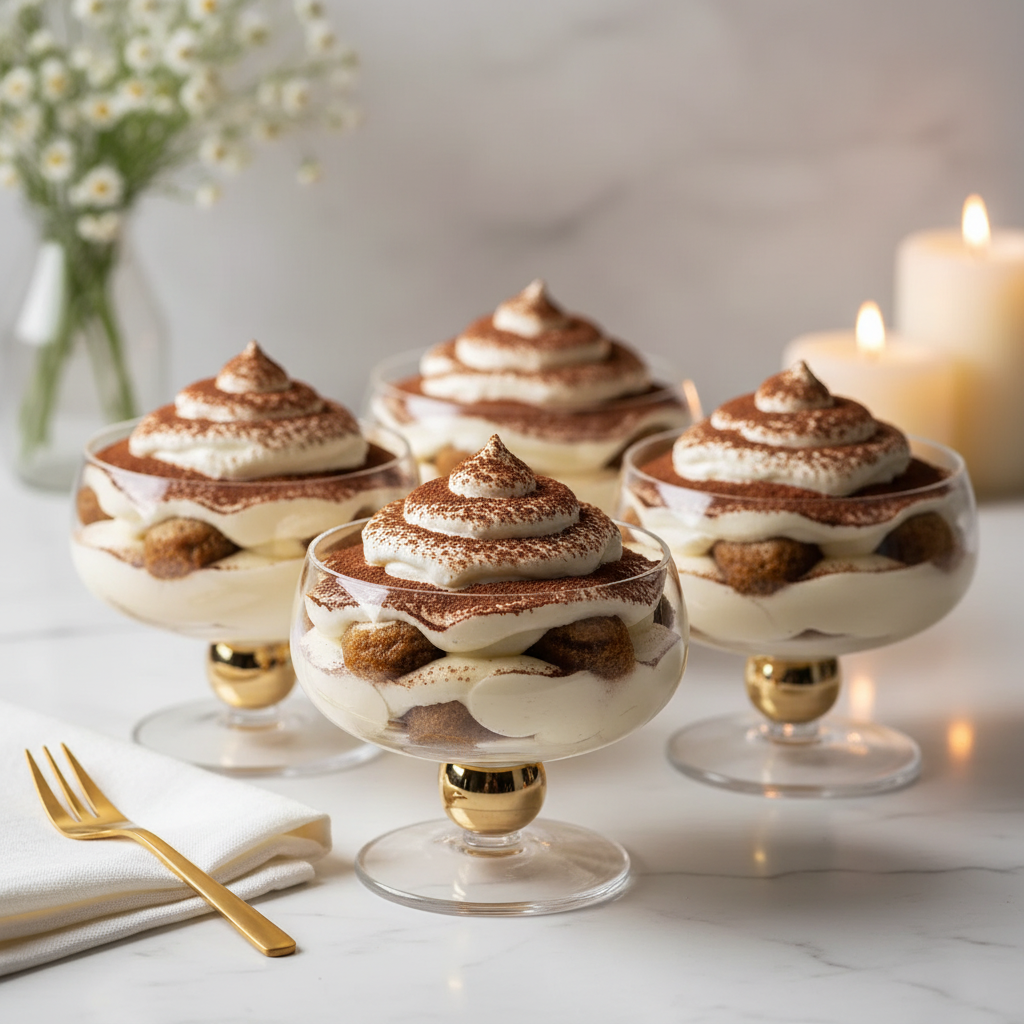 Tiramisu in Gold Stemmed Dessert Cups